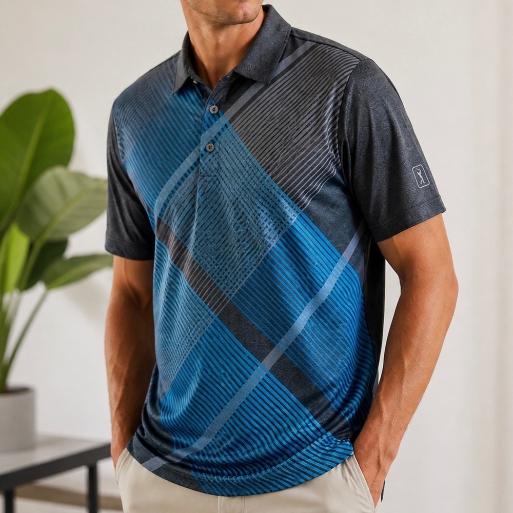 PGA Tour Pro Series Polo Shirt Mens Large Gray Blue‎ Geometric Golf Athletic Fit
